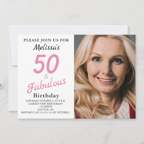 50 and Fabulous Photo Pink Birthday Invitation
