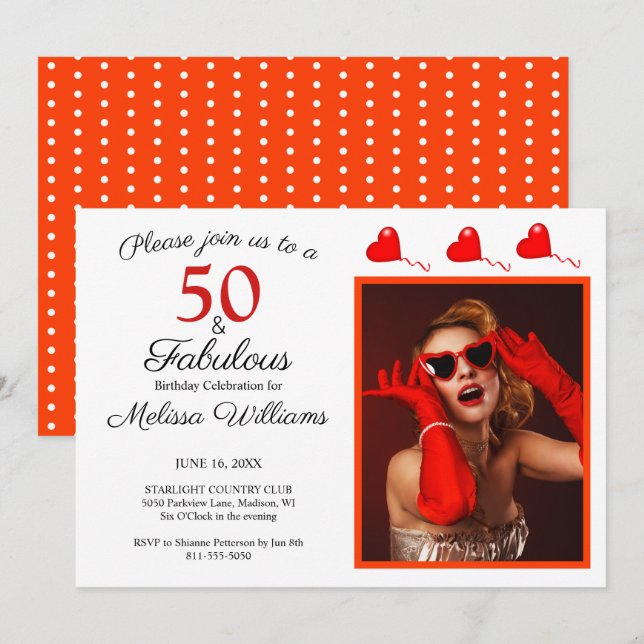 50 and Fabulous Photo Red 50th Birthday Orange WH Invitation (Front/Back)