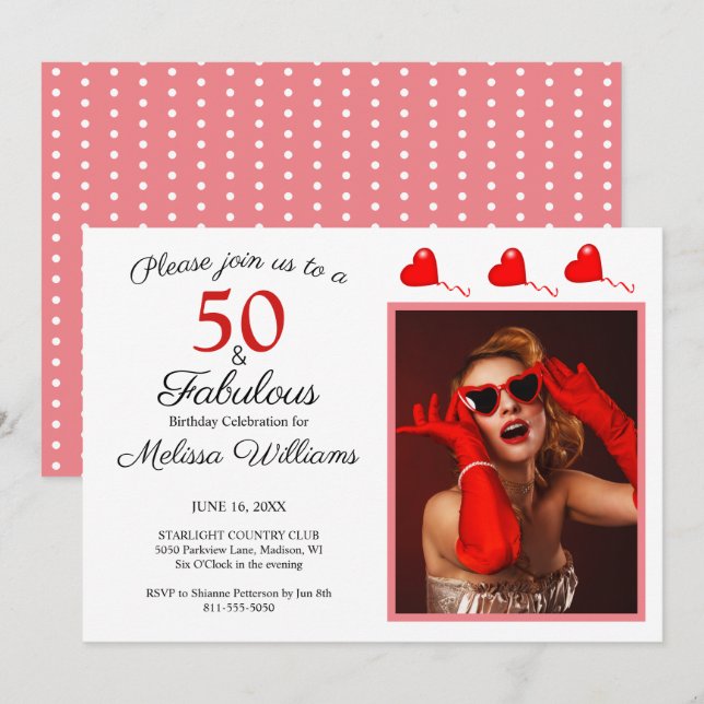 50 and Fabulous Photo Red 50th Birthday Pink White Invitation (Front/Back)