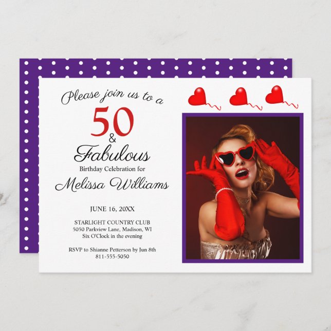 50 and Fabulous Photo Red 50th Birthday Purple WH Invitation (Front/Back)