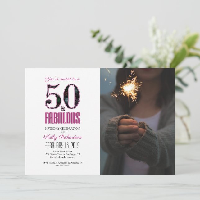 50 and Fabulous Pink 50th Birthday Party Photo Invitation (Standing Front)