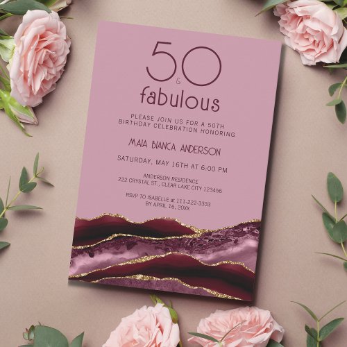 50 and Fabulous Pink Agate 50th Birthday  Invitation