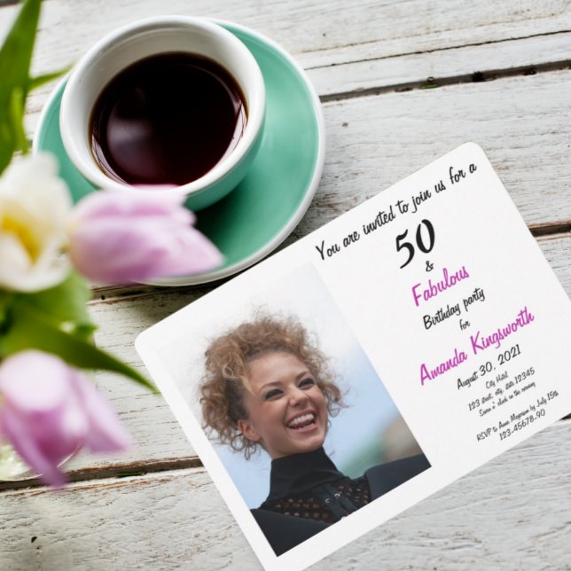 50 and fabulous pink and black elegant photo invit invitation