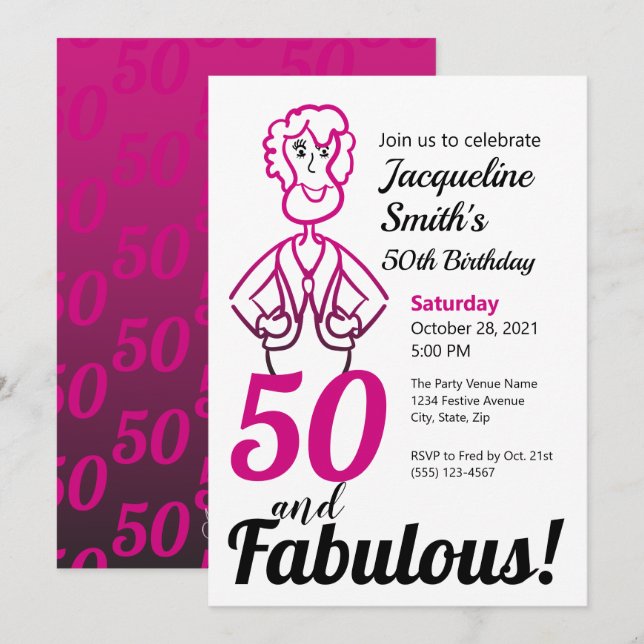 50 and Fabulous Pink and Black Funny Lady Invitation (Front/Back)