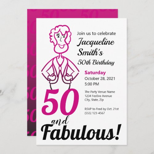 50 and Fabulous Pink and Black Funny Lady Invitation