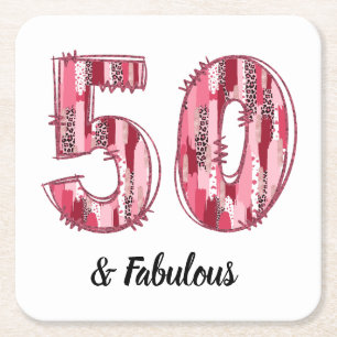 50 and Fabulous Pink and Leopard Brush Strokes Square Paper Coaster