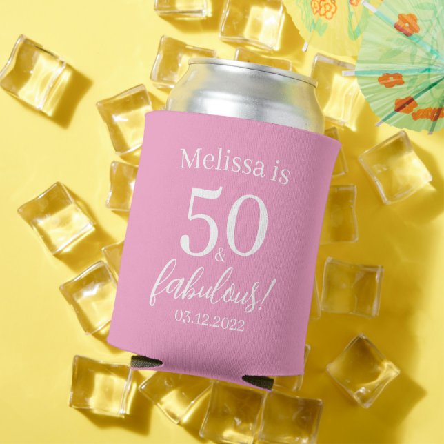 50 and Fabulous Pink and white 50th Birthday  Can Cooler (In Situ Summer)