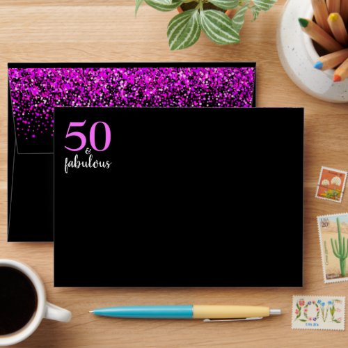 50 and fabulous pink black birthday return address envelope