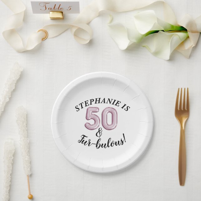 50 And Fabulous | Pink Black Fur-bulous Paper Plates (Wedding)