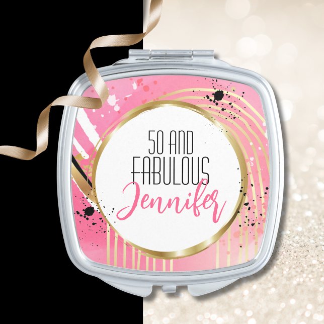 50 and Fabulous Pink Black Gold Abstract Modern Compact Mirror (Creator Uploaded)