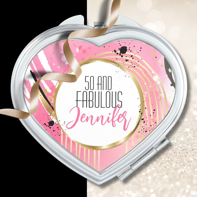50 and Fabulous Pink Black Gold Abstract Modern Compact Mirror (Creator Uploaded)
