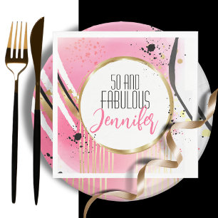 50 and Fabulous Pink Black Gold Modern Birthday Napkins