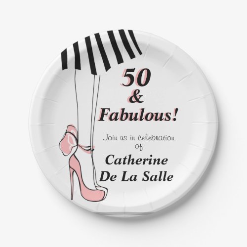 50 and Fabulous Pink Black Stripe Paper Plates