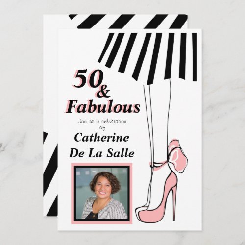 50 and Fabulous Pink Black Stripe Photo Invitation
