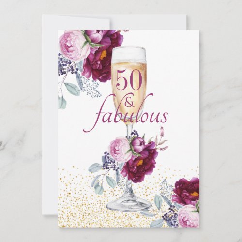 50 And Fabulous Pink Burgundy Floral  Invitation