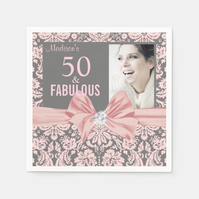 50 and Fabulous pink damask diamond bow birthday Napkins (Front)