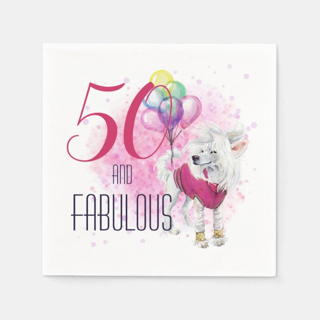 50 and Fabulous Pink Dog with Balloons Watercolor Napkins (Front)