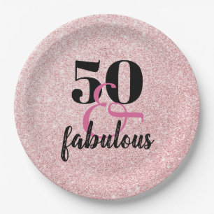 50 and Fabulous PInk Faux Glitter Birthday Party Paper Plates