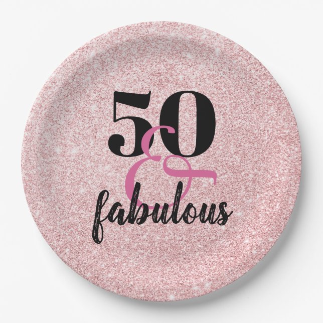 50 and Fabulous PInk Faux Glitter Birthday Party Paper Plates (Front)