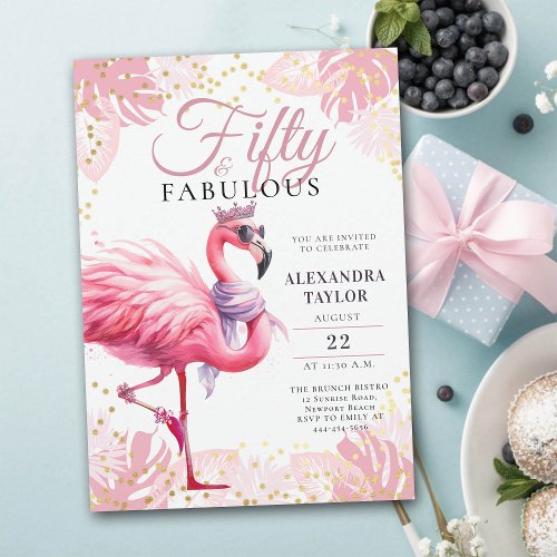 50 and Fabulous Pink Flamingo Funny 50th Birthday Invitation