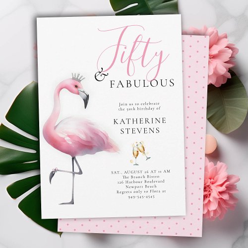 50 and Fabulous Pink Flamingo Tiara 50th Birthday Invitation