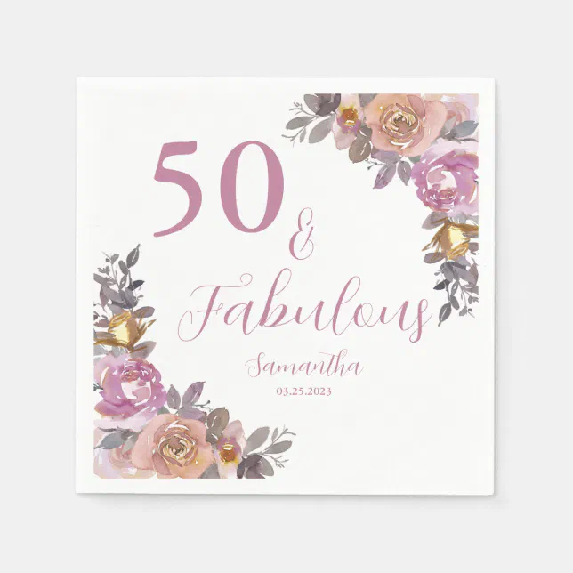 50 and Fabulous Pink Floral Birthday Party Napkins | Zazzle