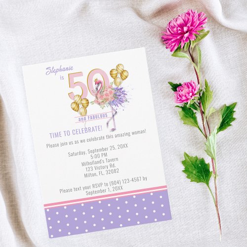 50 and Fabulous Pink Floral Flamingo Birthday Invitation