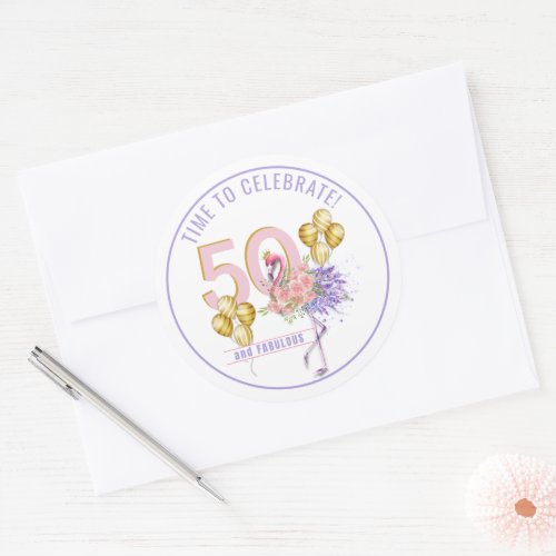 50 and Fabulous Pink Floral Flamingo Classic Round Sticker