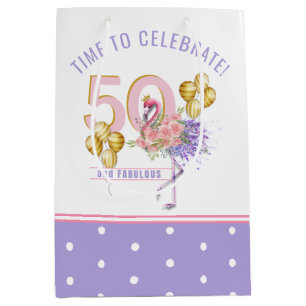 50 and Fabulous Pink Floral Flamingo Medium Gift Bag