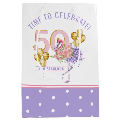 50 and Fabulous Pink Floral Flamingo Medium Gift Bag