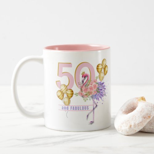 50 and Fabulous Pink Floral Flamingo Mug