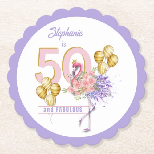 50 and Fabulous Pink Floral Flamingo Paper Coaster