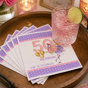 50 and Fabulous Pink Floral Flamingo Paper Napkins