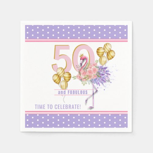 50 and Fabulous Pink Floral Flamingo Paper Napkins