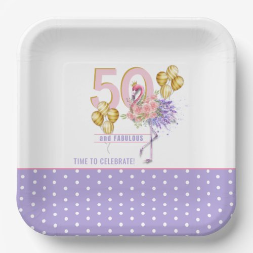50 and Fabulous Pink Floral Flamingo Paper Plates