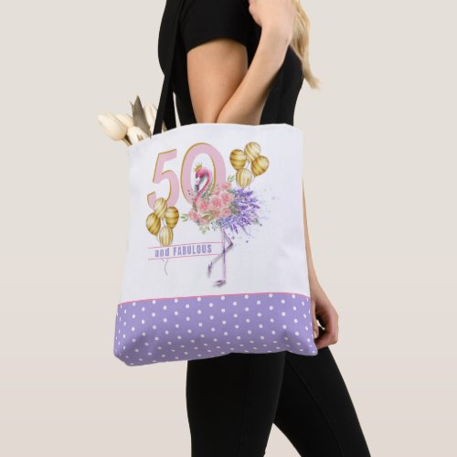 50 and Fabulous Pink Floral Flamingo Tote Bag