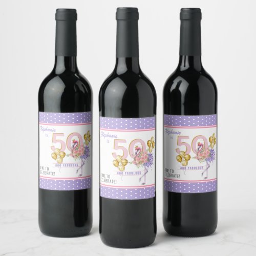 50 and Fabulous Pink Floral Flamingo Wine Label