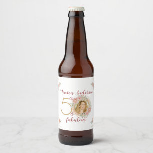 50 and Fabulous Pink Floral Gold Photo Birthday Beer Bottle Label