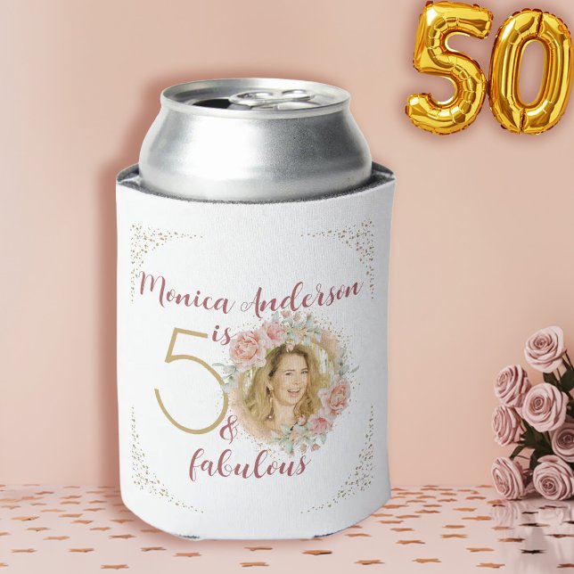 50 and Fabulous Pink Floral Gold Photo Birthday  Can Cooler (50 and Fabulous Pink Floral Gold Photo Birthday Can Cooler)