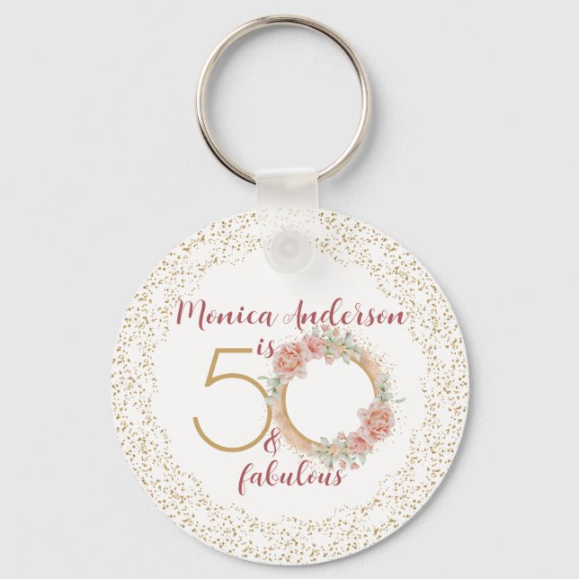 50 and Fabulous Pink Floral Gold Photo Birthday Keychain (Front)