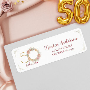 50 and Fabulous Pink Floral Gold Photo Birthday Label