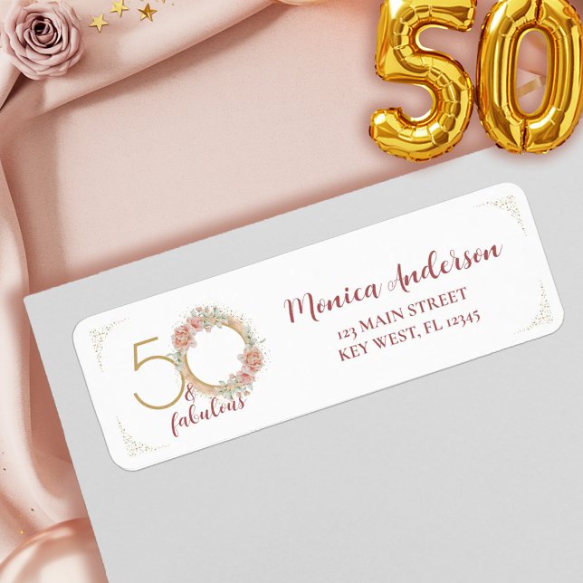 50 and Fabulous Pink Floral Gold Photo Birthday Label (50 and Fabulous Pink Floral Gold Photo Birthday Label)