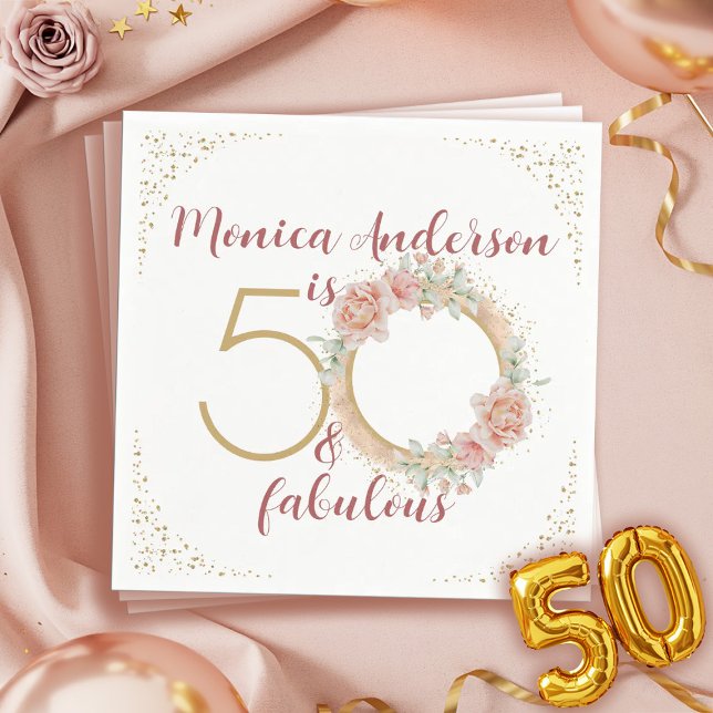  50 and Fabulous Pink Floral Gold Photo Birthday Napkins (50 and Fabulous Pink Floral Gold Photo Birthday Napkins)