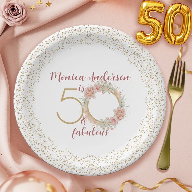 50 and Fabulous Pink Floral Gold Photo Birthday Paper Plates (50 and Fabulous Pink Floral Gold Photo Birthday Paper Plates)