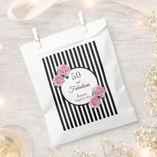 50 and fabulous pink florals black white stripes favor bag