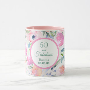 50 and fabulous pink florals name elegant mug
