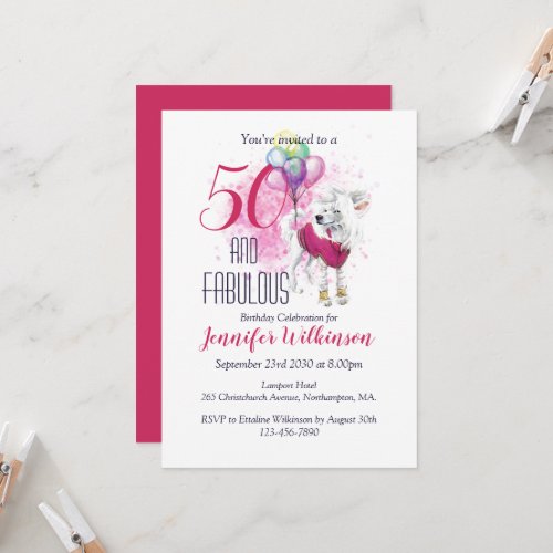 50 and Fabulous Pink Fluffy Dog  Invitation