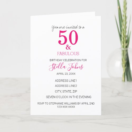 50 And Fabulous Pink Fuchsia White Birthday Invitation