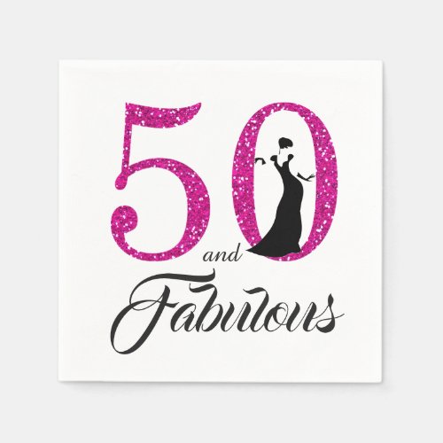 50 and Fabulous Pink Glitter 50th Birthday Party Paper Napkins