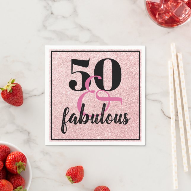50 and Fabulous Pink Glitter Birthday Party Napkins (Insitu)
